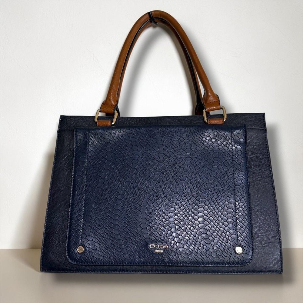 Dune London Navy Blue Snakeskin Embossed Satchel Bag Tan Handles Gold Hardware